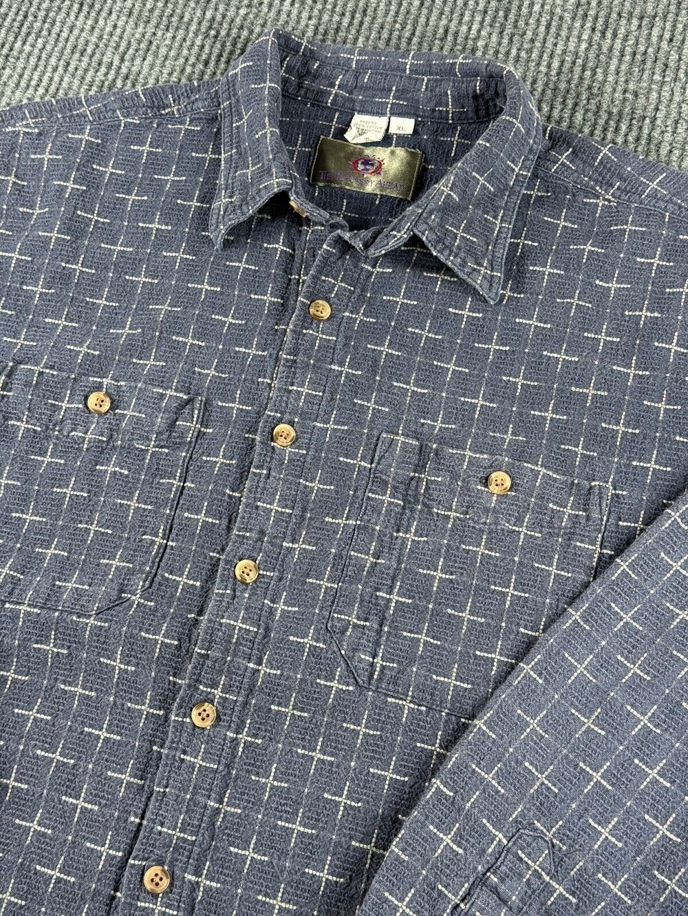 VTG The Territory Ahead Button Up Mens XL Long Sleeve Navy Tan Textured Fabric